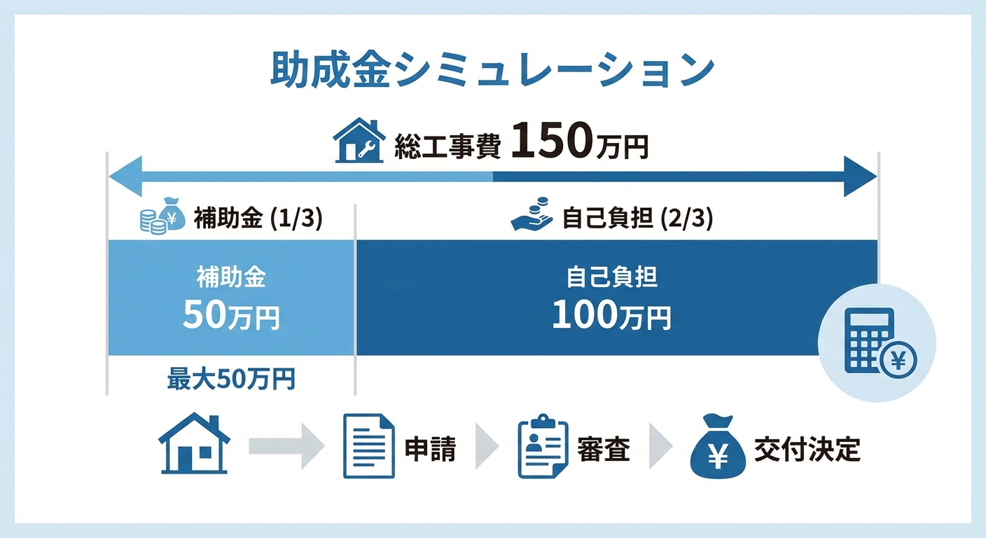 AI図解: 補助金シミュレーション（補助率1/3と上限50万円の図解）
