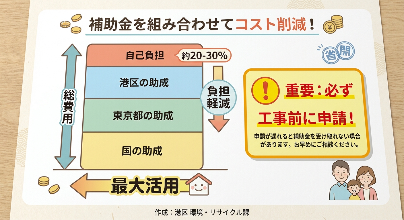 AI図解: 国・都・区の「3階建て」併用による自己負担軽減シミュレーション
