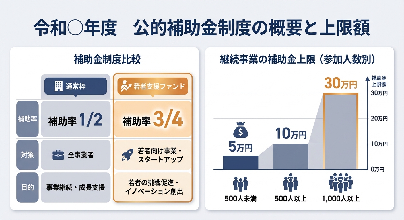 AI図解: 通常枠と若者支援ファンドの比較および継続事業の補助上限額