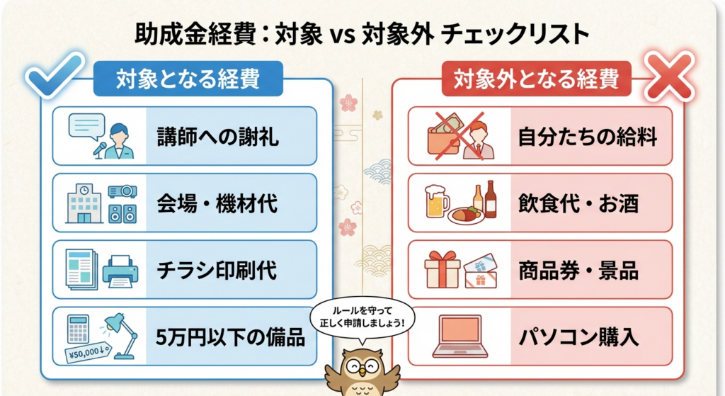 AI図解: 補助対象となる経費・対象外となる経費の比較表(OK/NG)