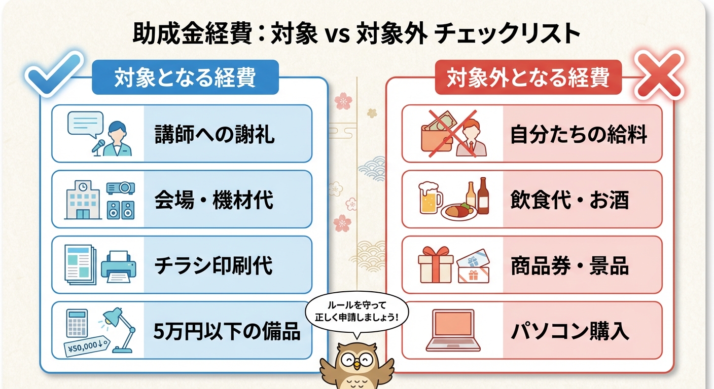 AI図解: 補助対象となる経費・対象外となる経費の比較表（OK/NG）