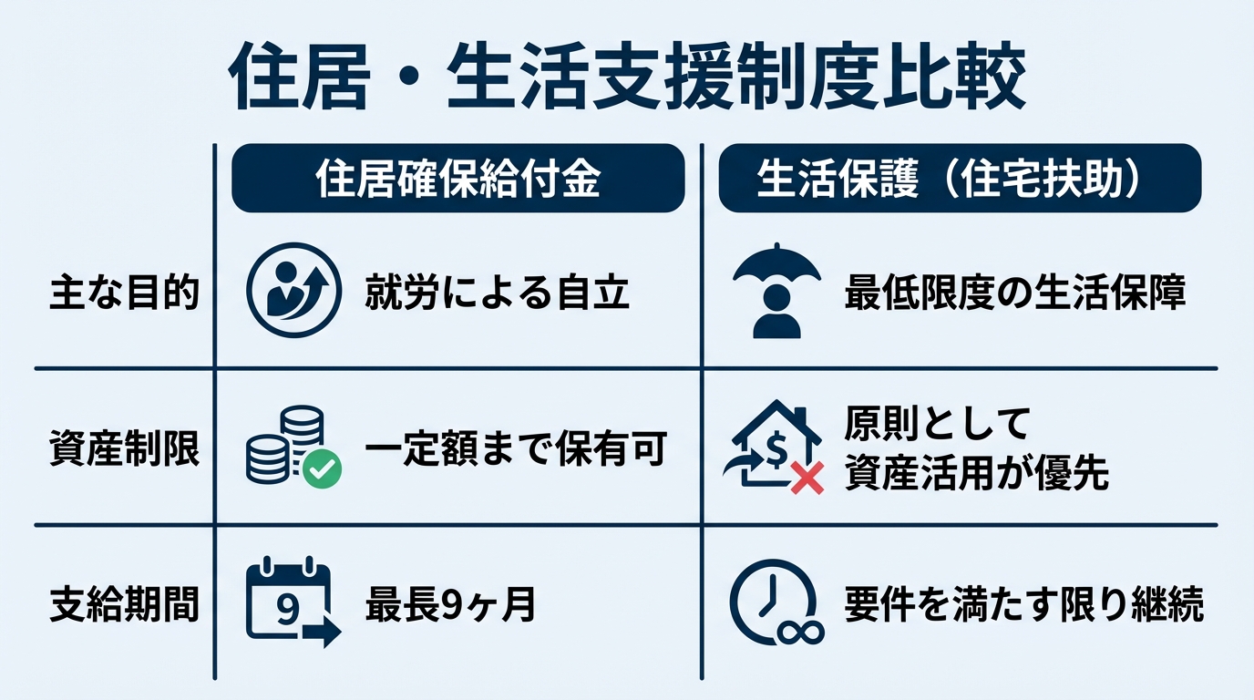 AI図解: 住居確保給付金と生活保護(住宅扶助)の比較表