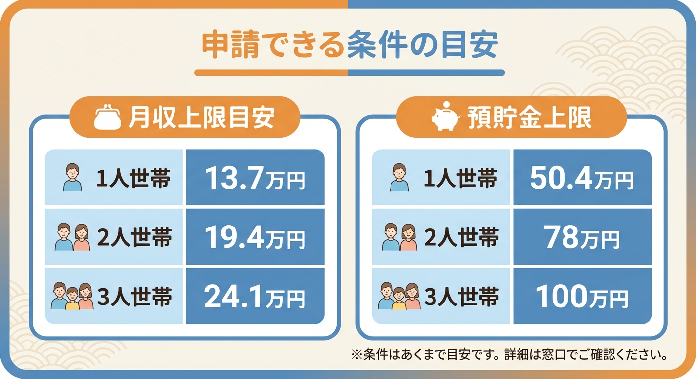 AI図解: 世帯人数別の収入・預貯金上限額チェック表