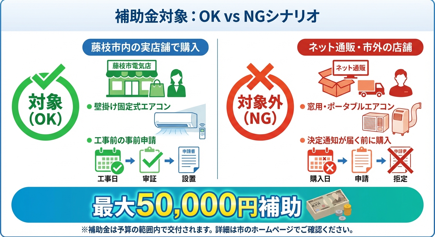 AI図解: 補助対象となるケース・ならないケースの比較表