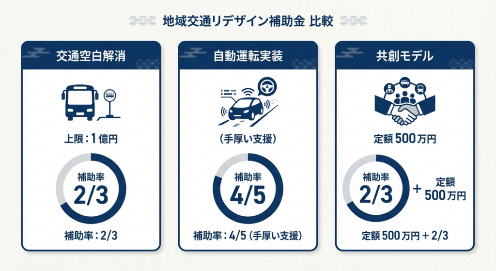 AI図解: 主要3事業の補助率と補助上限の比較図解