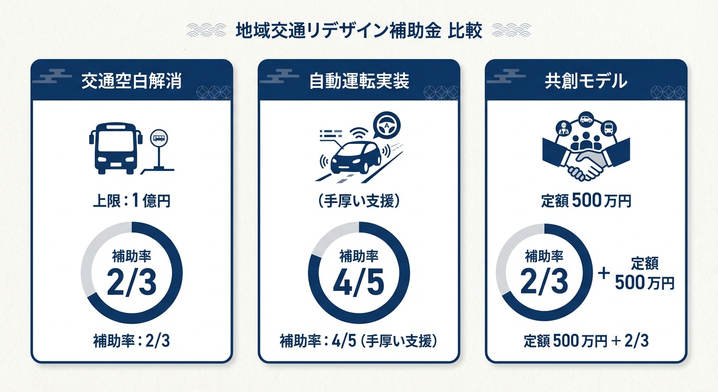 AI図解: 主要3事業の補助率と補助上限の比較図解