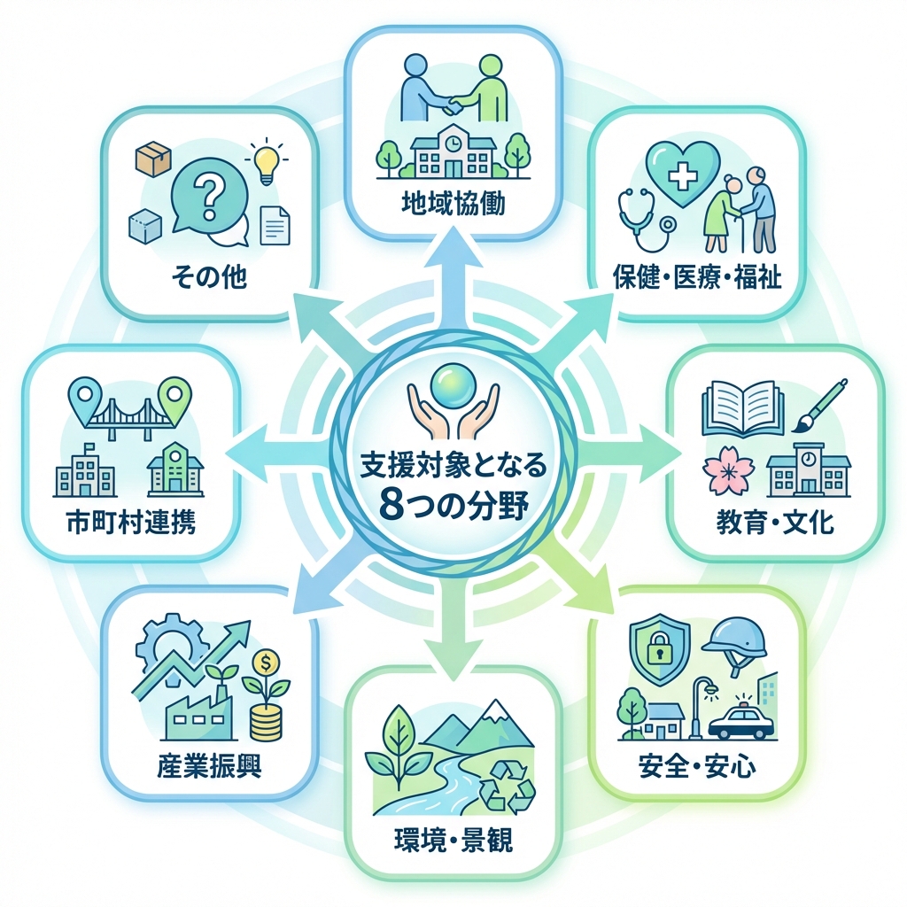 AI図解: 支援金がカバーする8つの事業分野の全体マップ
