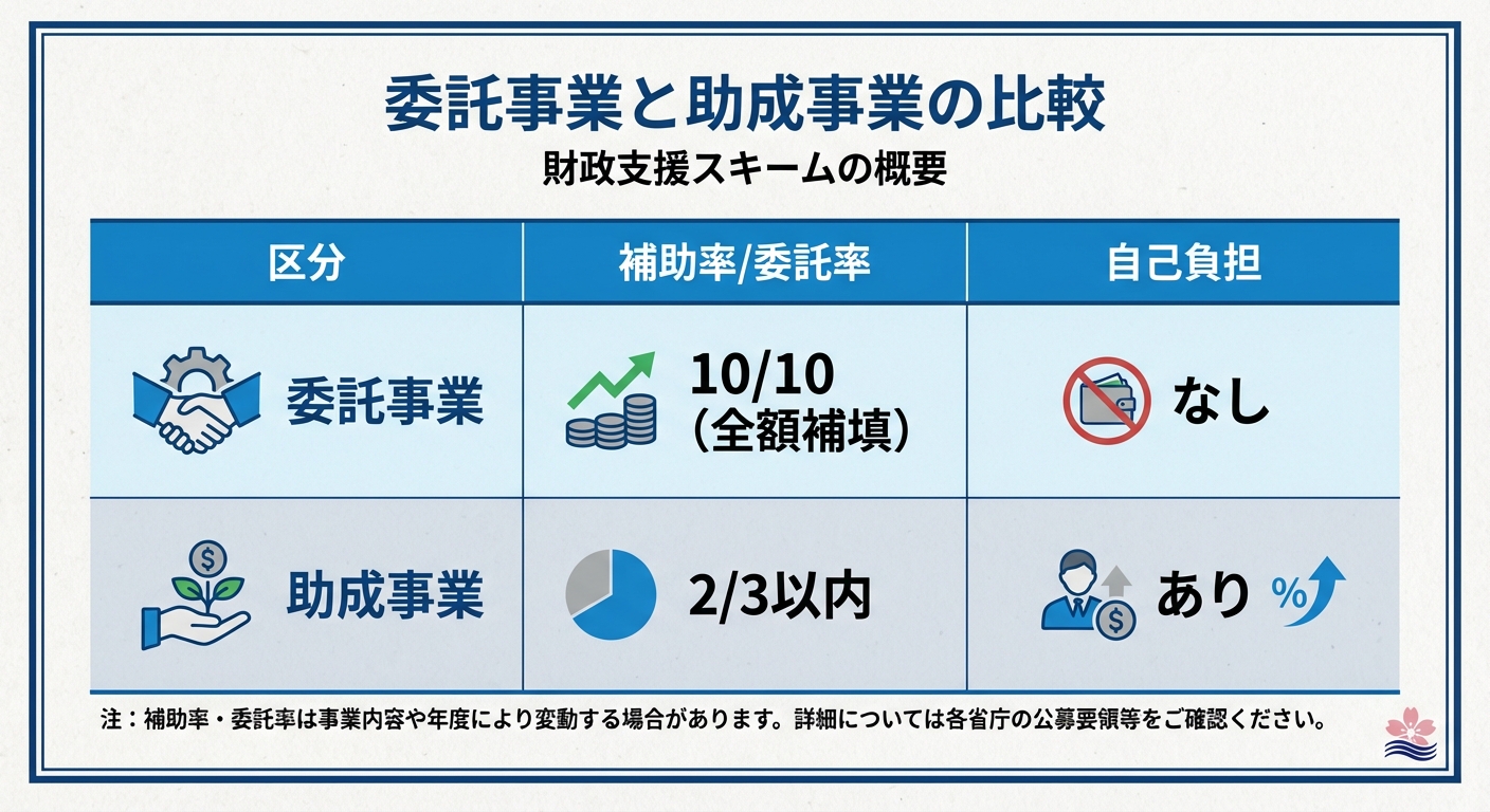 AI図解: 「委託」と「助成」の支援制度比較チャート