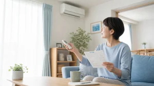 エアコンのリモコンと電気料金明細を確認する女性