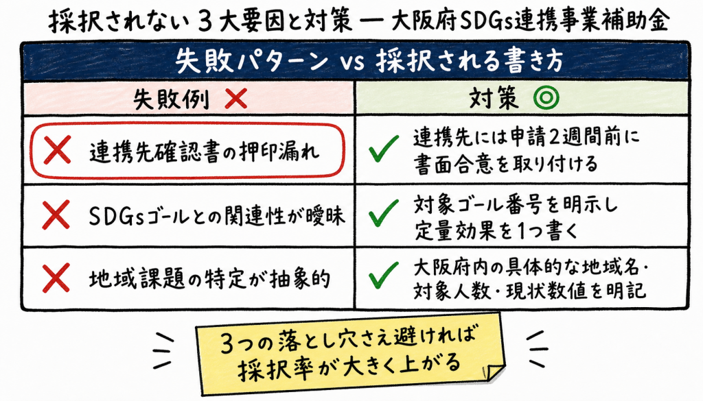 図: 不採択になる3つの理由とその対策 ※ AI 画像生成 (gpt-image-2 / ホワイトボード説明)