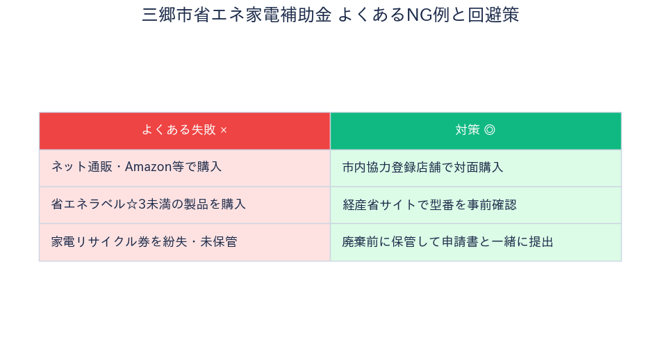 三郷市省エネ家電補助金 失敗例と対策の比較表