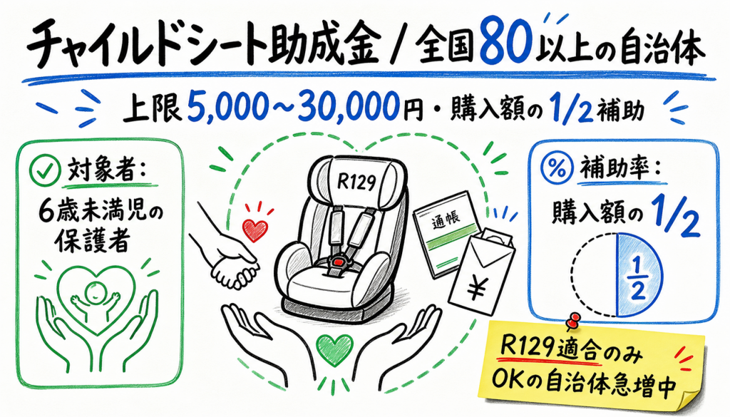 チャイルドシート助成金 全国80以上の自治体 上限5,000〜30,000円