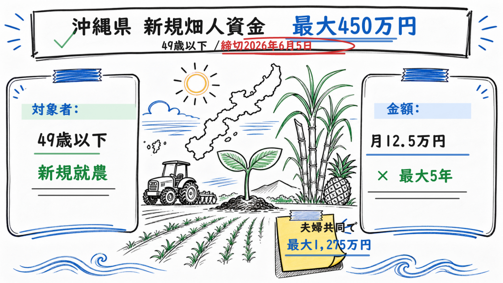 沖縄県 新規畑人資金 最大450万円 月12.5万円
