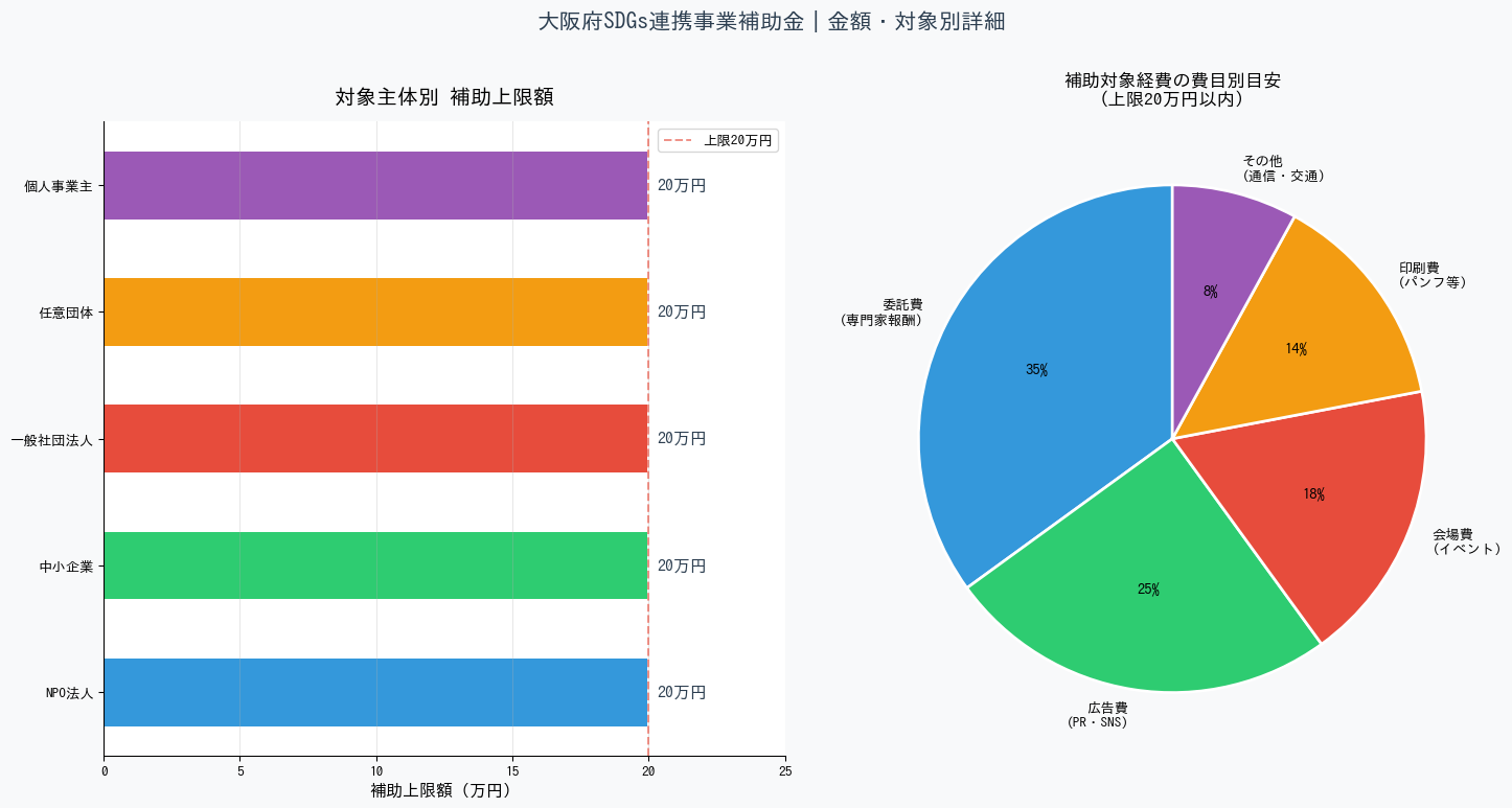 大阪府SDGs連携事業補助金 採択体験談 - 対象主体別補助上限額と費目別内訳