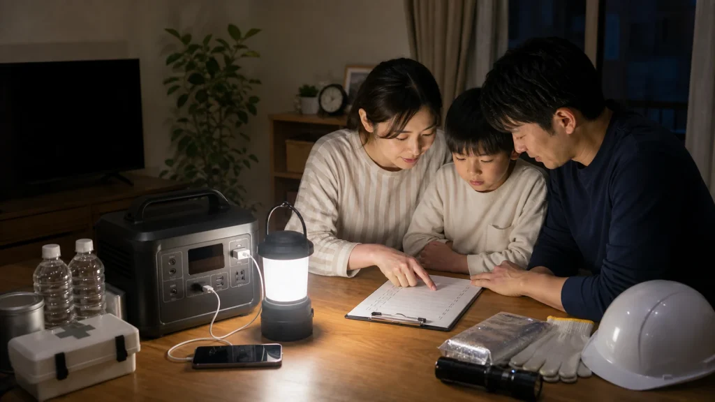 夜の停電想定でスマホとLEDをポータブル電源へ接続する家族