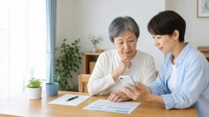 シニア本人と家族がスマホ料金を確認する場面