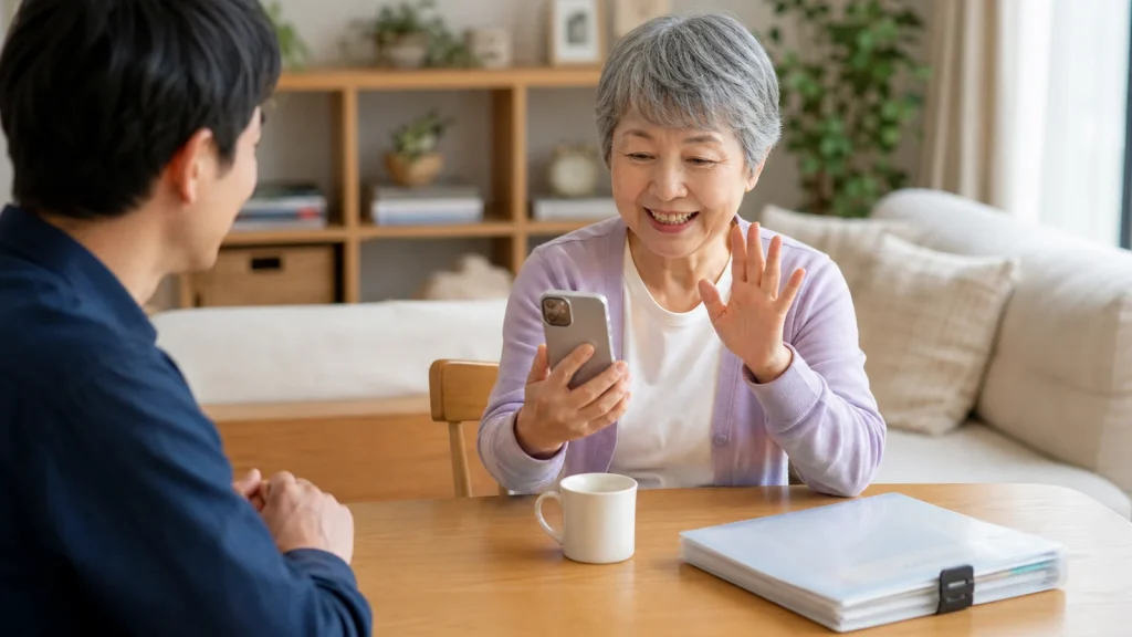 シニアが家族とビデオ通話を使い、書類を整理している場面