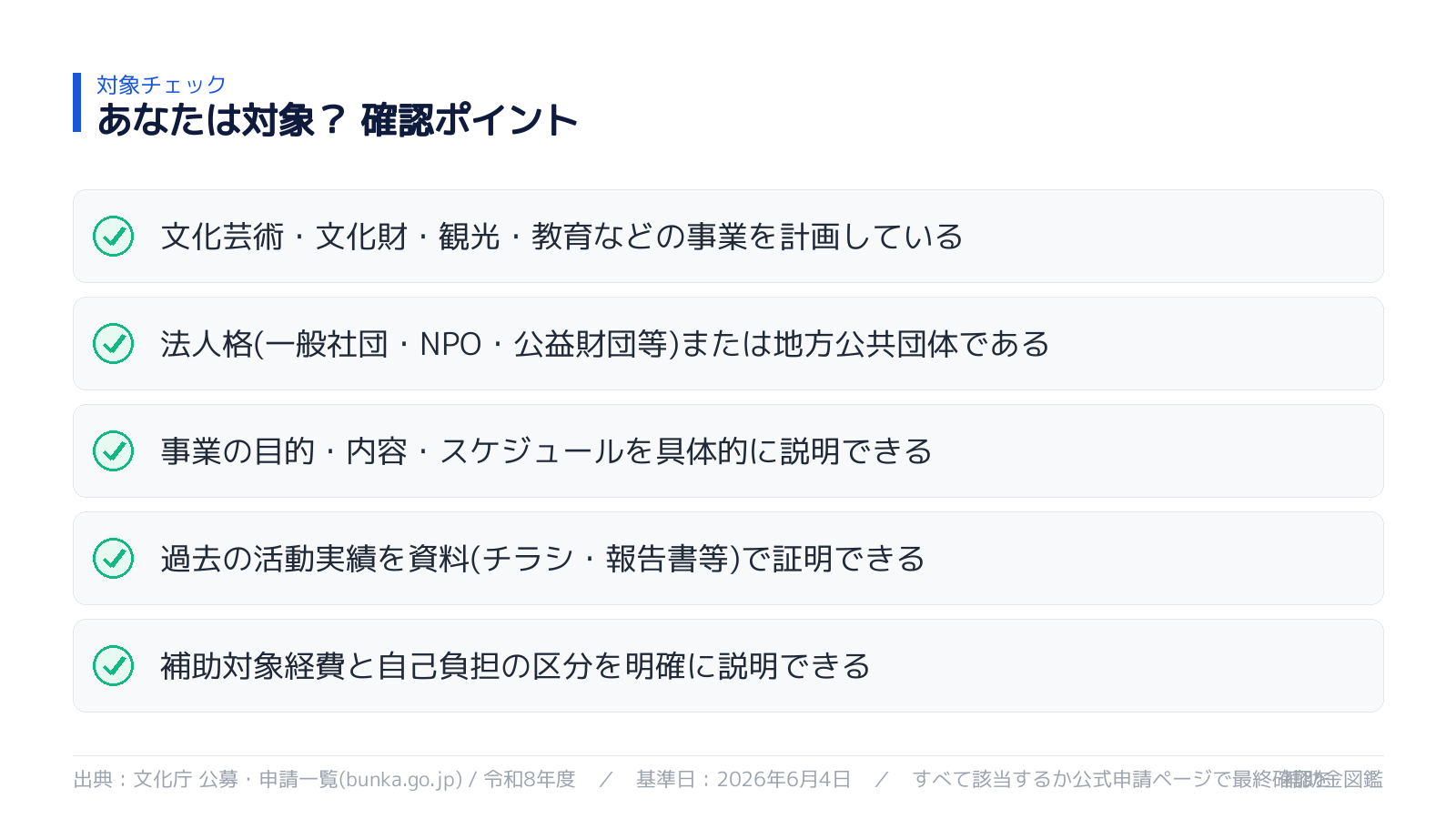 文化庁補助金 対象者の主な条件チェックリスト