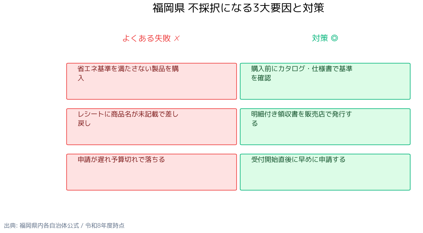 福岡県省エネ家電補助金 8自治体比較 不採択の要因と対策