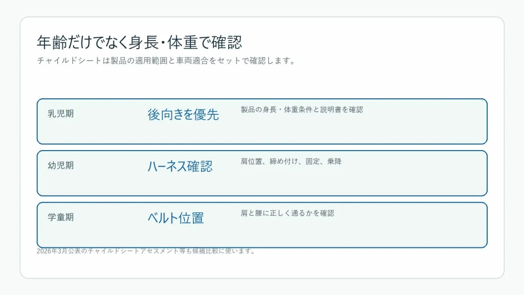 チャイルドシートの分類を身長と体重で確認する図