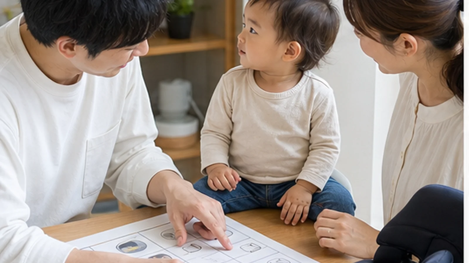 子どもの身長を測りチャイルドシートの条件を確認する家族