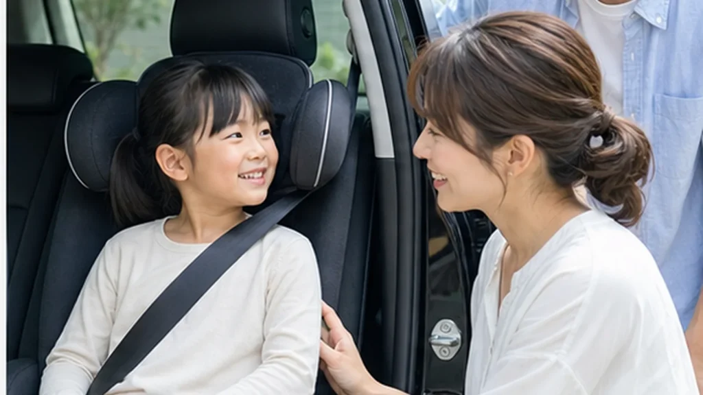 学童期の子どものシートベルト位置を確認する家族