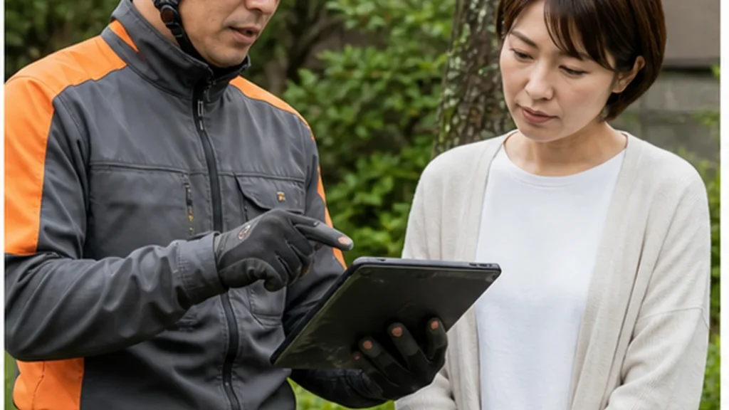 保護具を着けた専門家が庭木の状態を説明する場面