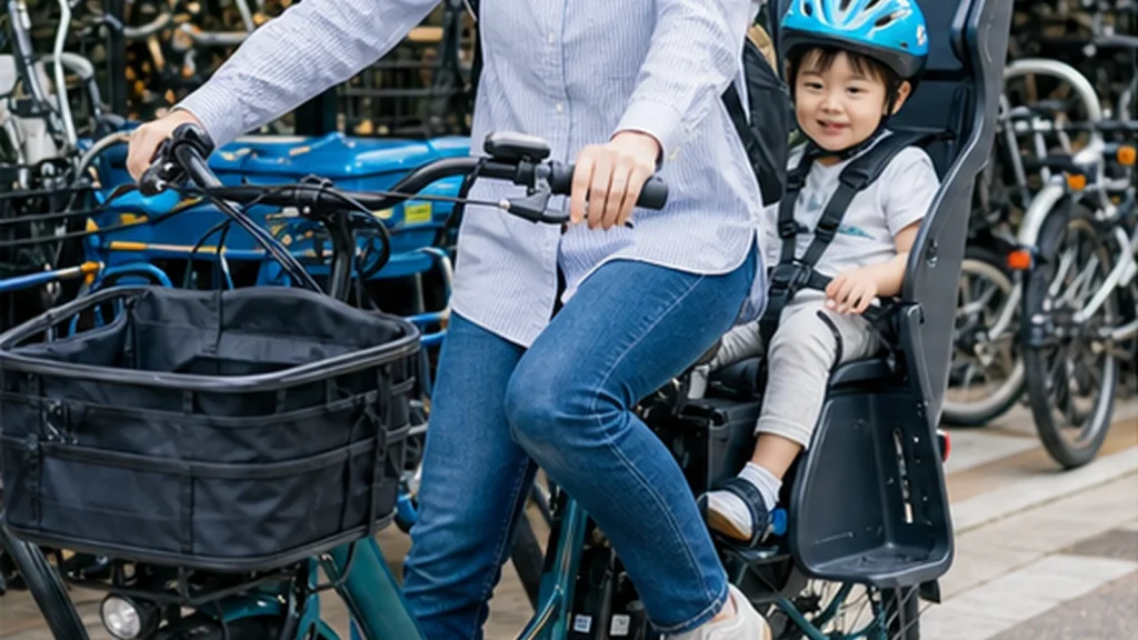 子乗せ電動アシスト自転車を店舗で安全に確認する親