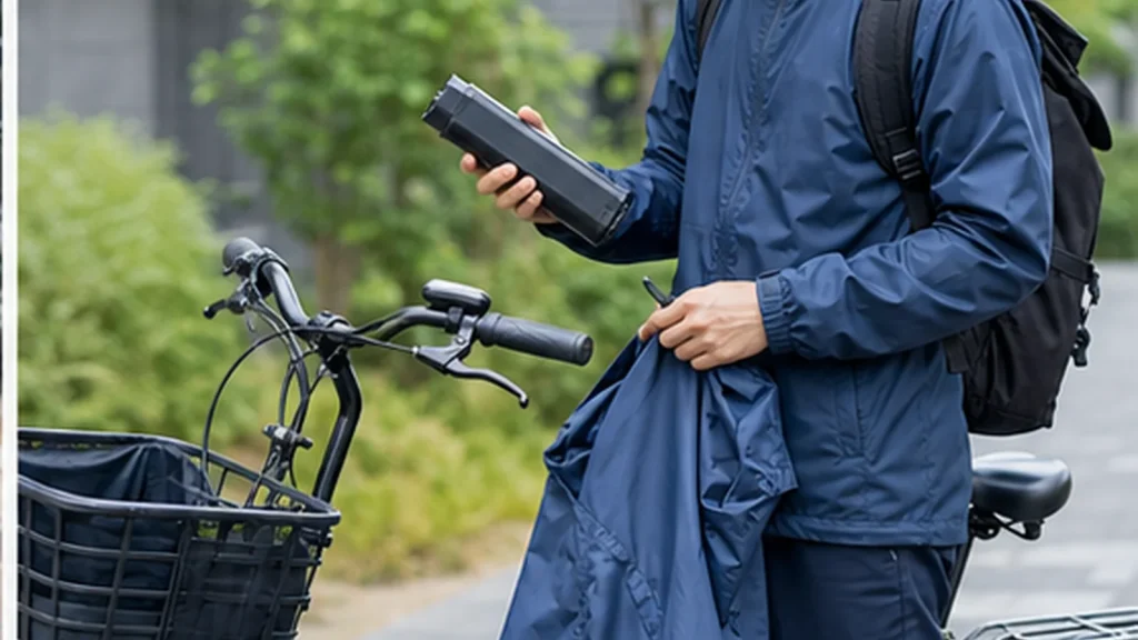 通勤前に電動アシスト自転車の充電と装備を確認する人