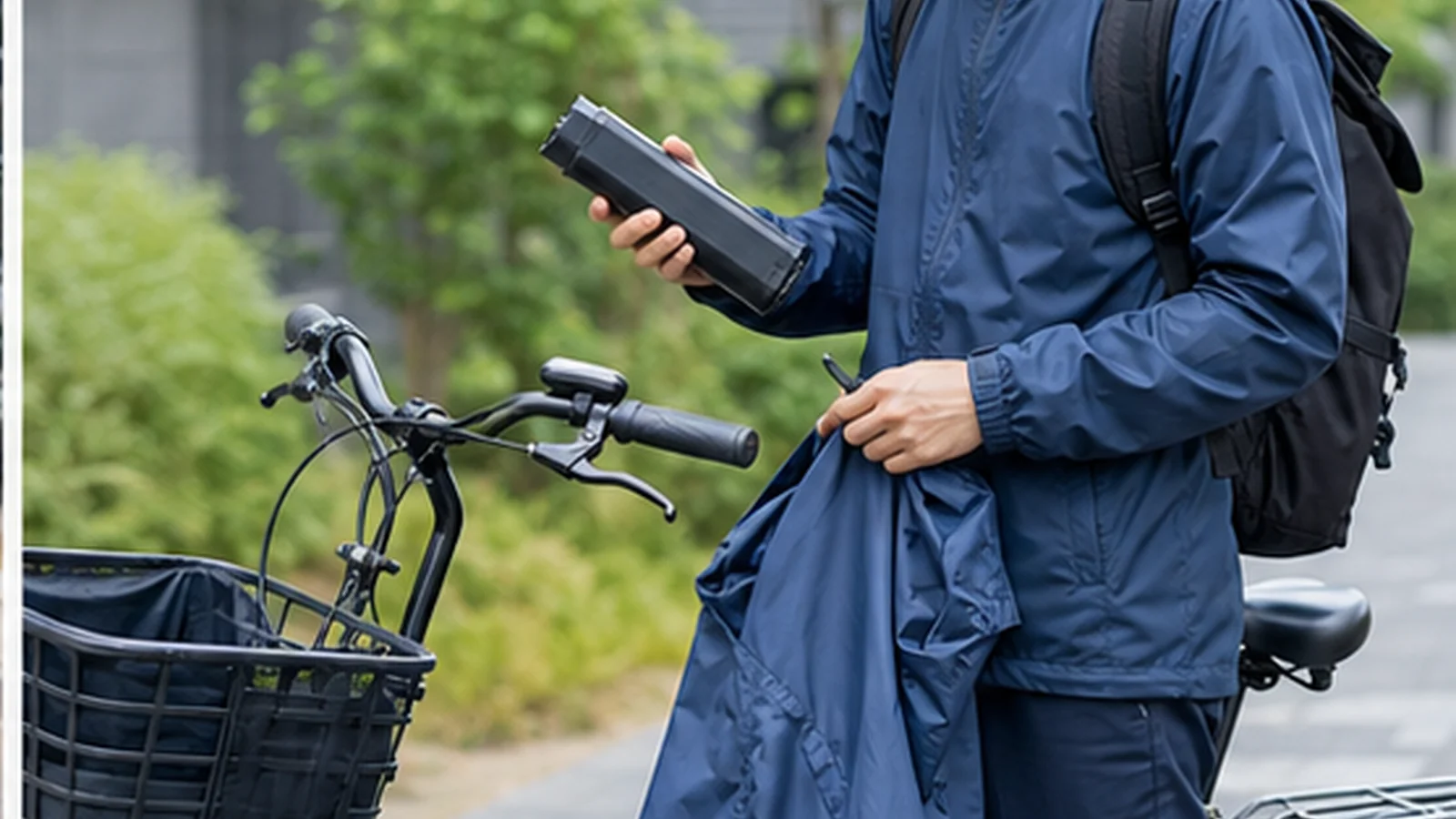通勤前に電動アシスト自転車の充電と装備を確認する人