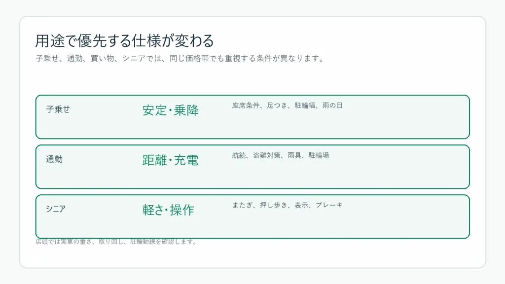 用途別に重視する電動アシスト自転車の仕様