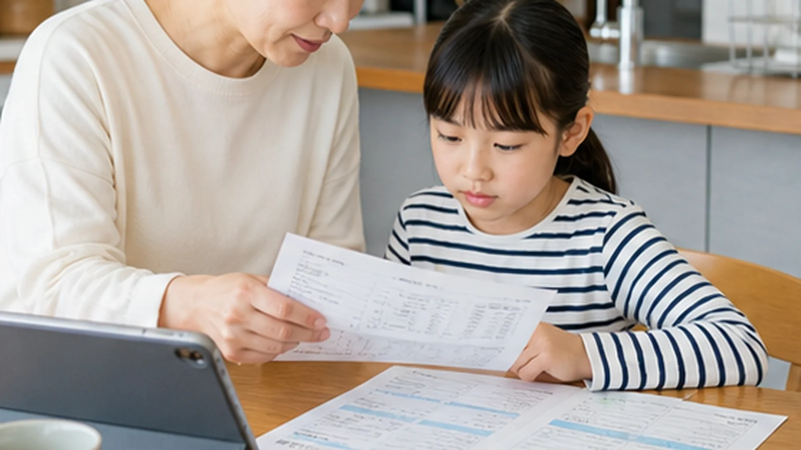 教育費の支援制度と教材候補を家族で確認する様子