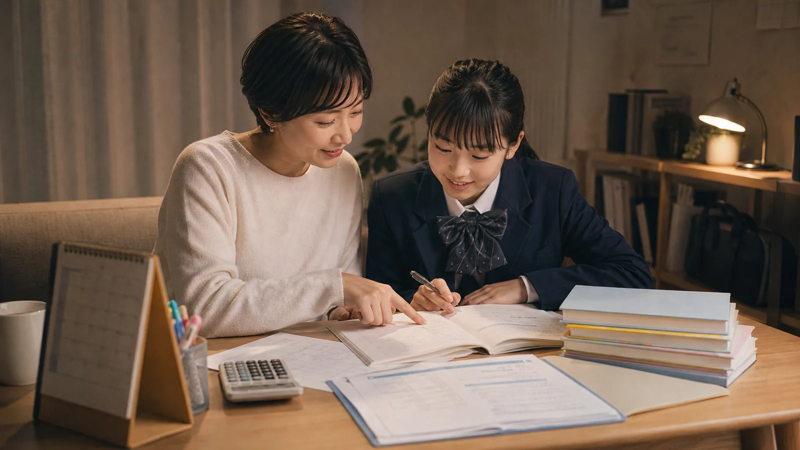 検定料の領収書と教材を机に並べる親子