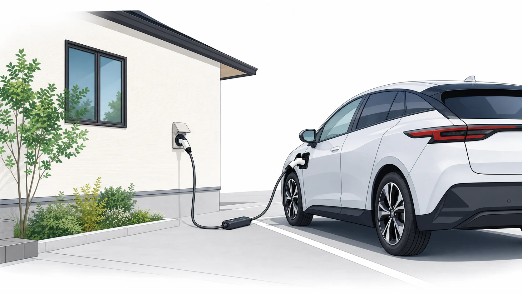 戸建て住宅の外壁に設置した200V EV専用差込口へ車載充電ケーブルを接続する図