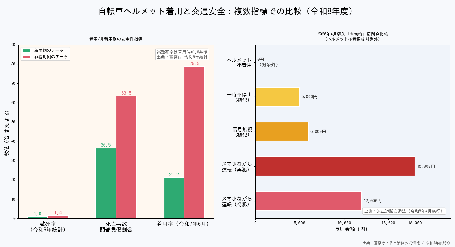 自転車ヘルメット2026年版 - 着用・非着用の安全性比較と青切符反則金比較