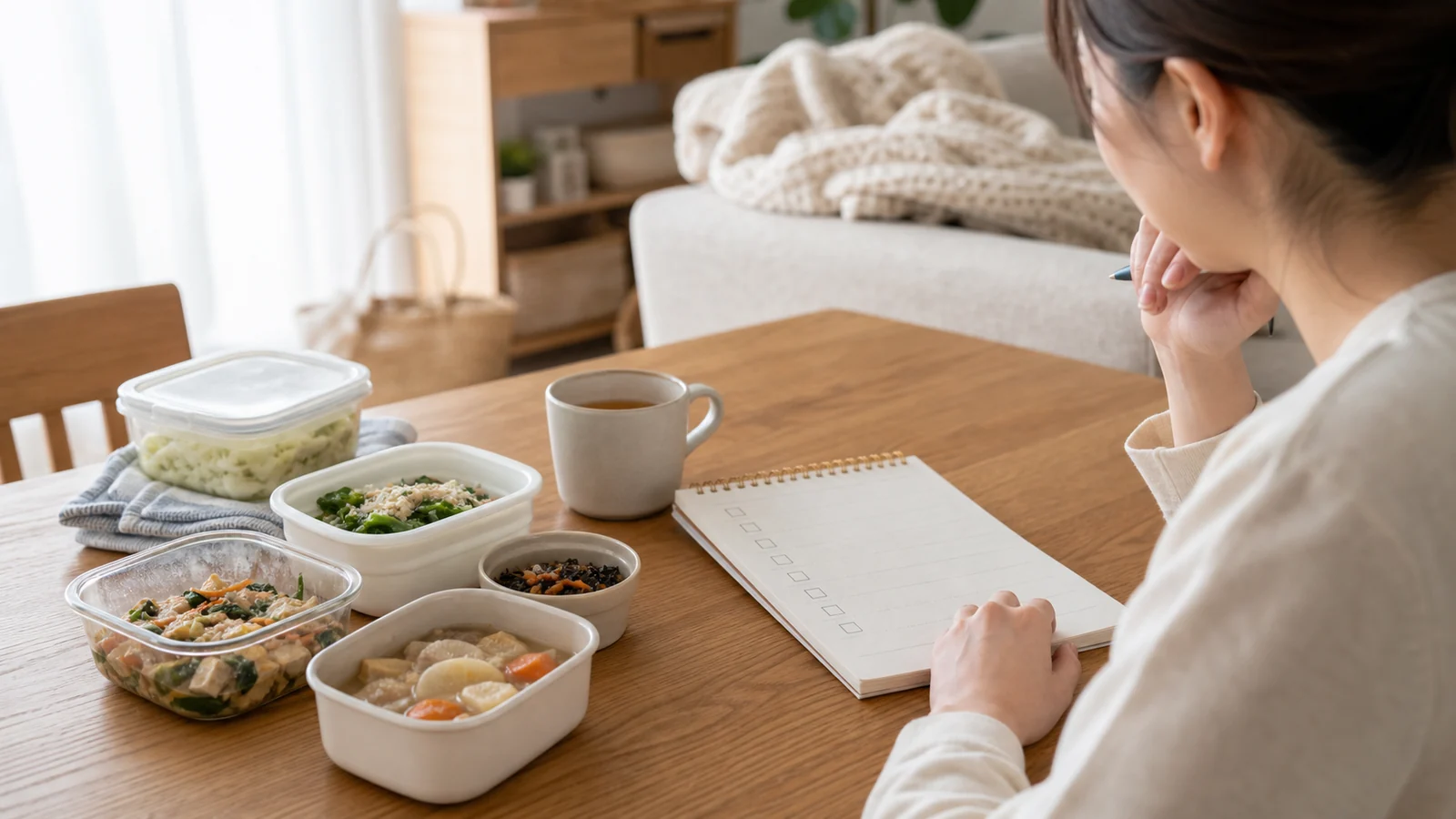 産後の食事支援サービスを比較するため惣菜とチェックリストを整理する机