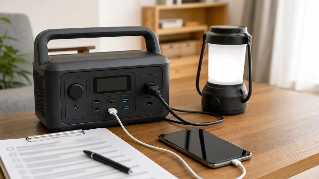 ポータブル電源にスマートフォンとLEDランタンを接続した防災準備のイメージ