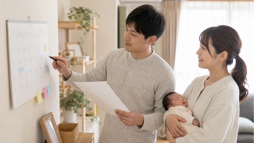 家族で産後の担当を分ける場面