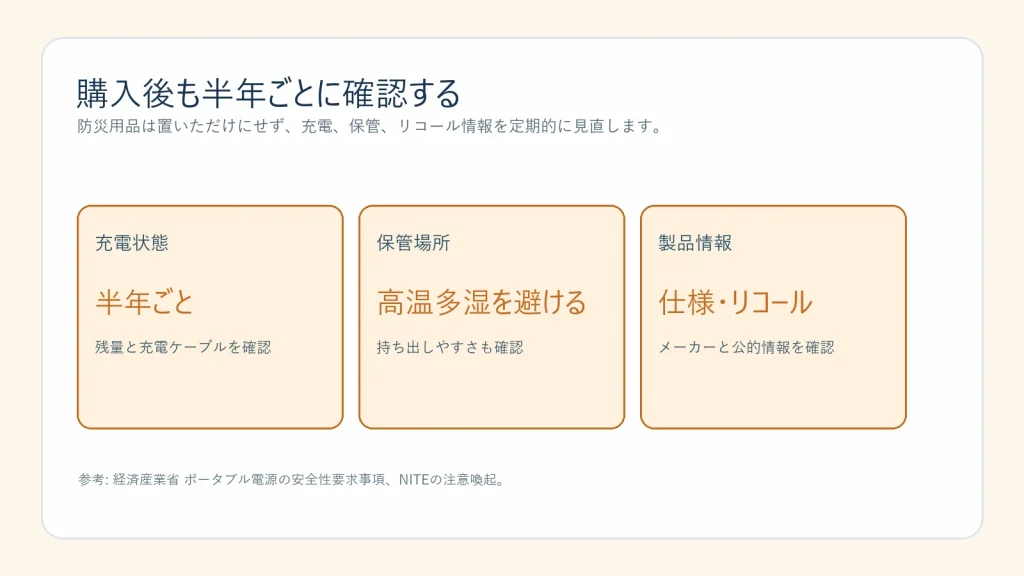 ポータブル電源の充電状態、保管場所、製品情報を半年ごとに確認する図解