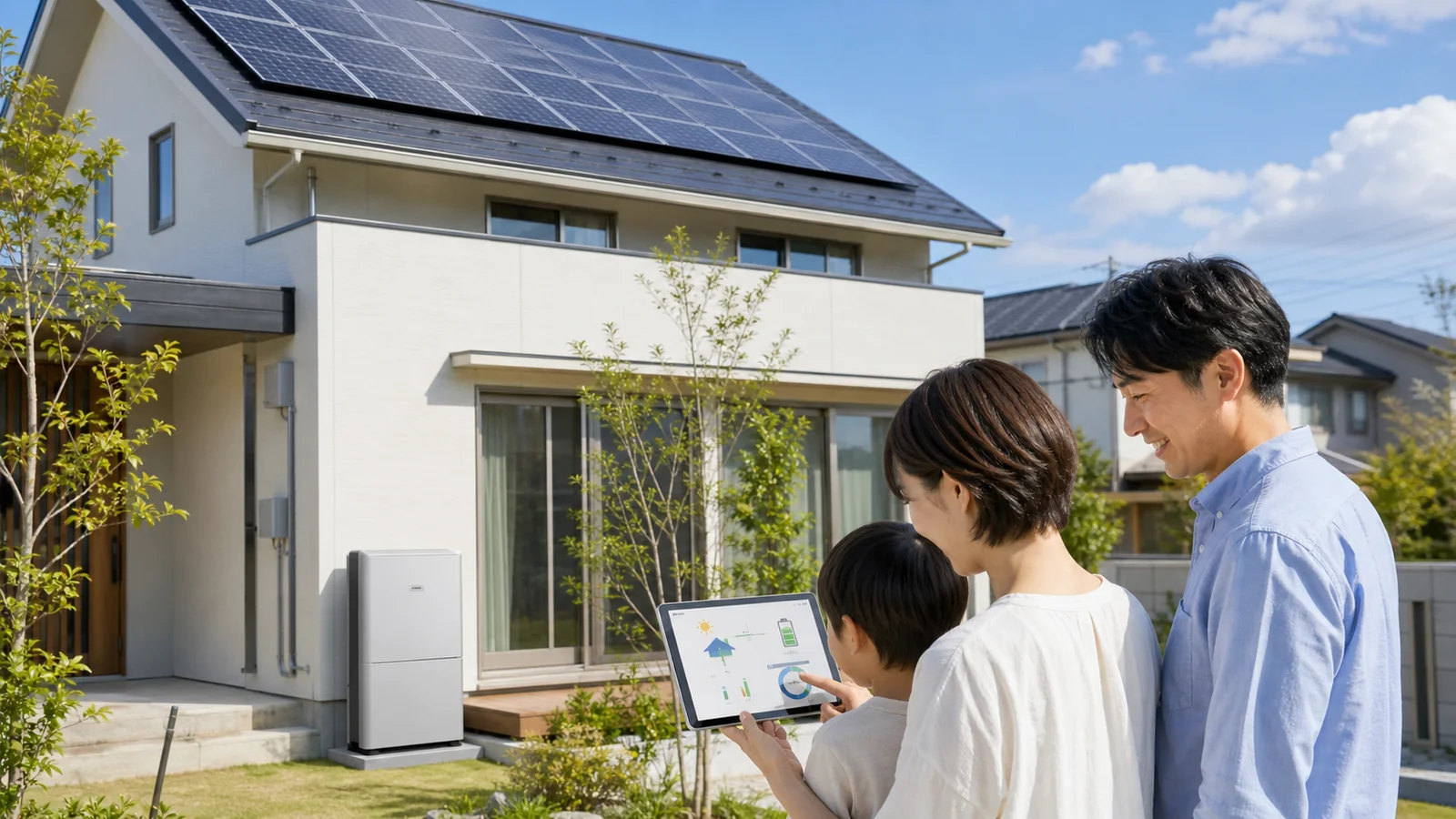 太陽光パネルと家庭用蓄電池のある日本の戸建て住宅
