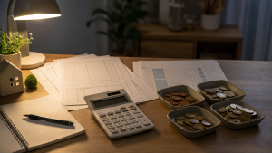 家計簿と計算機で給付金の財源を考える机上のイメージ