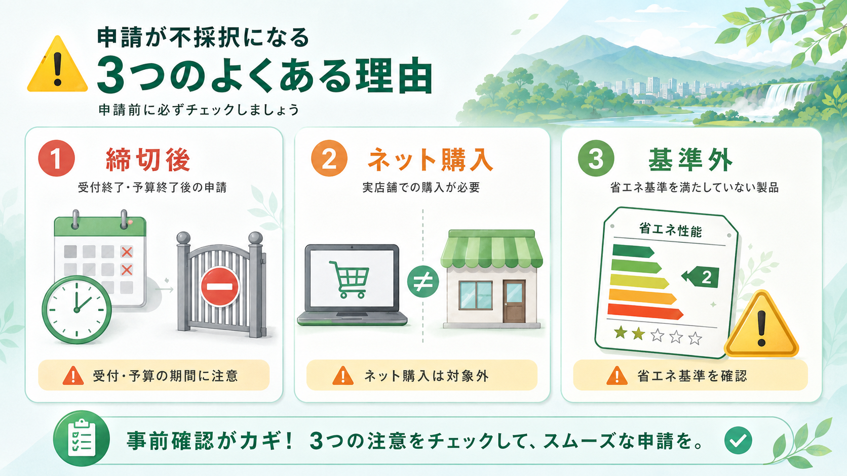 省エネ家電・給湯補助の申請に必要な書類と手順を示すチェックリスト図