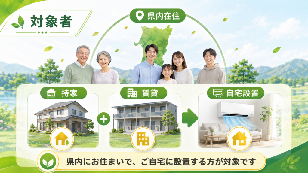 持家でも賃貸でも、秋田県内に住み県内の自宅に設置する世帯が対象であることを示した図