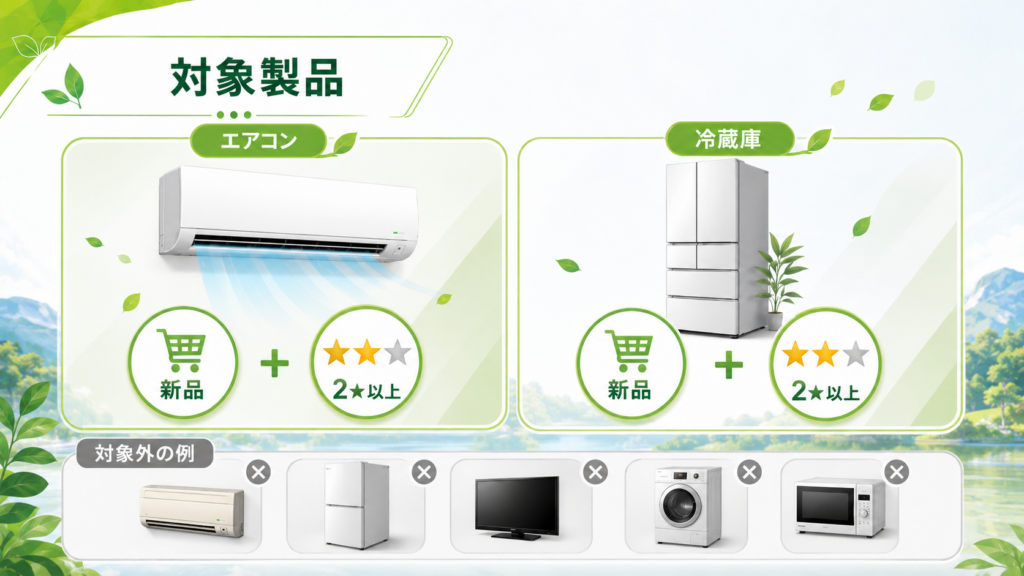 対象は新品で統一省エネラベル星2つ以上のエアコンと冷蔵庫、テレビ・洗濯機・電子レンジは対象外であることを示した図
