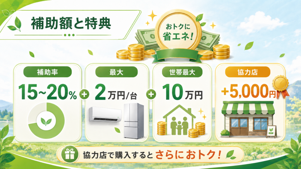 補助率15から20パーセント、1台最大2万円、世帯最大10万円、地域協力店の利用でさらに5,000円が加算される助成内容の内訳図
