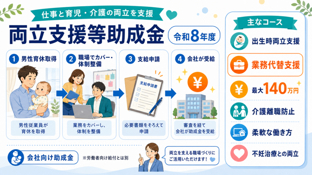 両立支援等助成金全6コース徹底解説｜業務代替支援コース最大140万円（新規雇用81万円）の解説図解2
