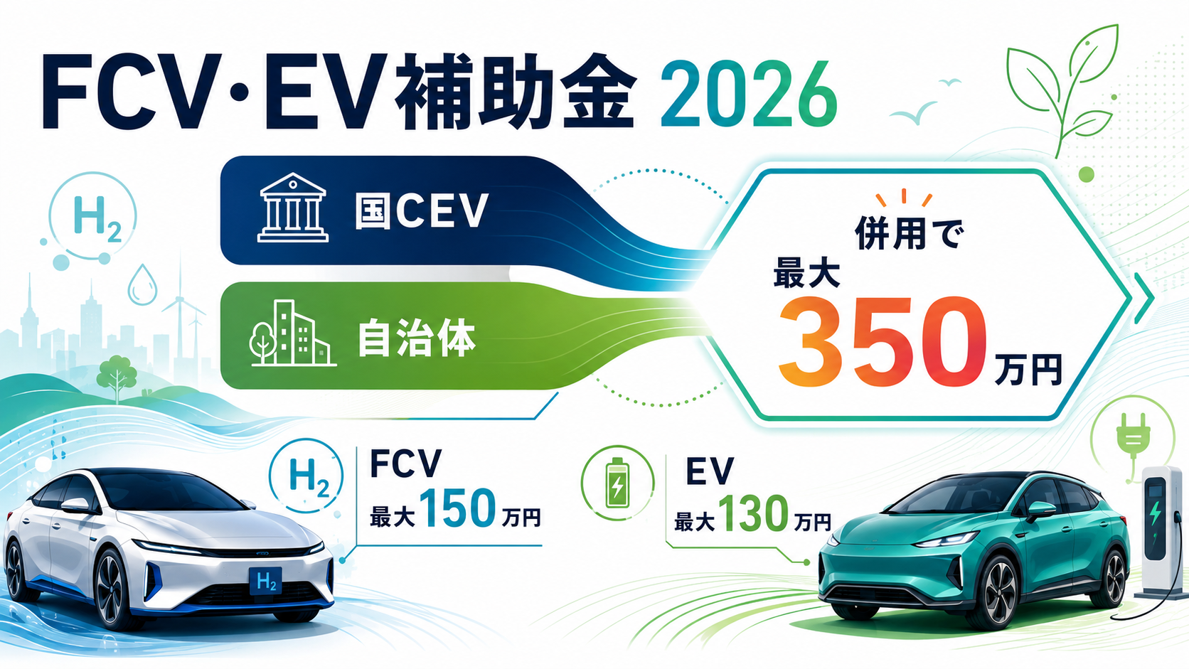FCV・EV補助金国CEV最大150万円(FCV)・130万円(EV)・自治体併用で最大350万円の解説図解1