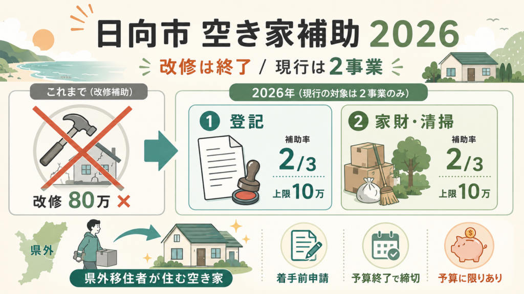 日向市空き家補助金2026|改修終了・登記と家財各10万円の解説図解1