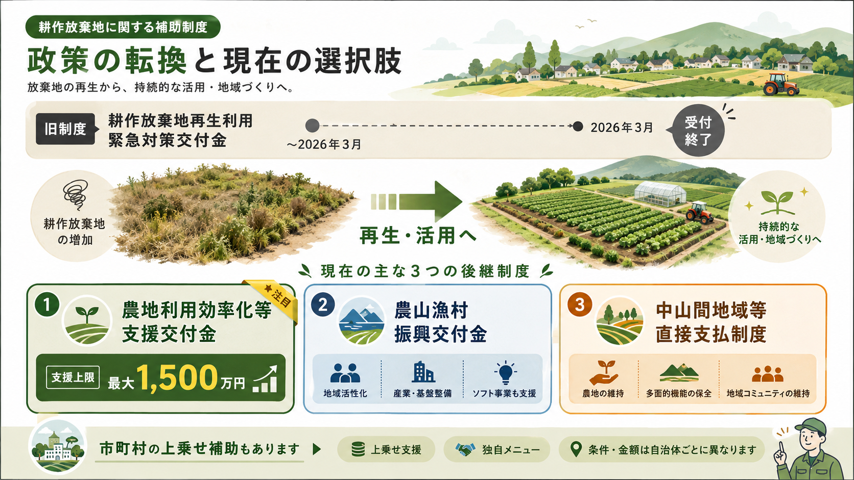 耕作放棄地補助金【令和8年度】後継3制度と最大1,500万円を解説 の解説イラスト1