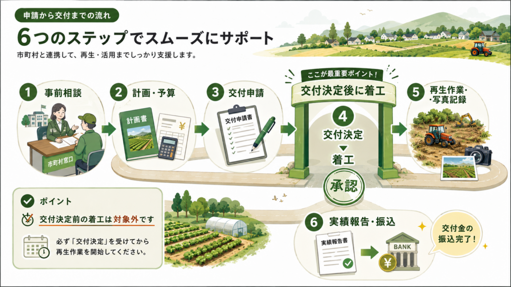 市町村への事前相談から交付手続、再生作業、実績報告までの一般的な流れ